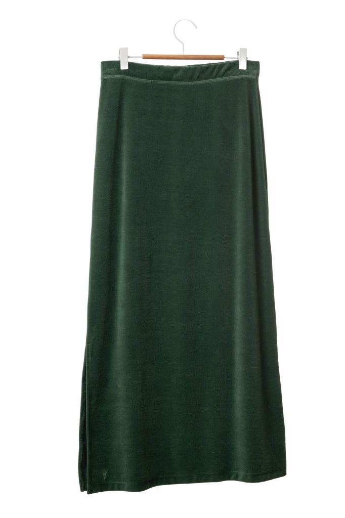 Jupe Gilda en velours bio vert d’hiver – coupe droite et fente côté, 