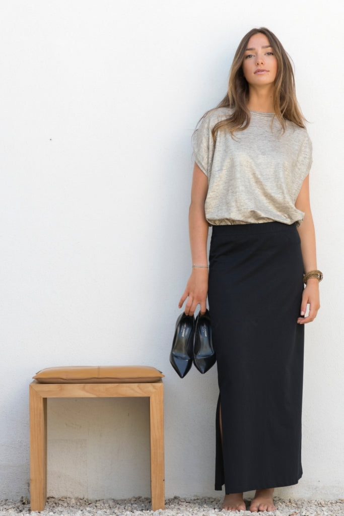 jupe longue et droite femme  fendue sur le côté jersey de coton bio GOTS éco-responsable noire