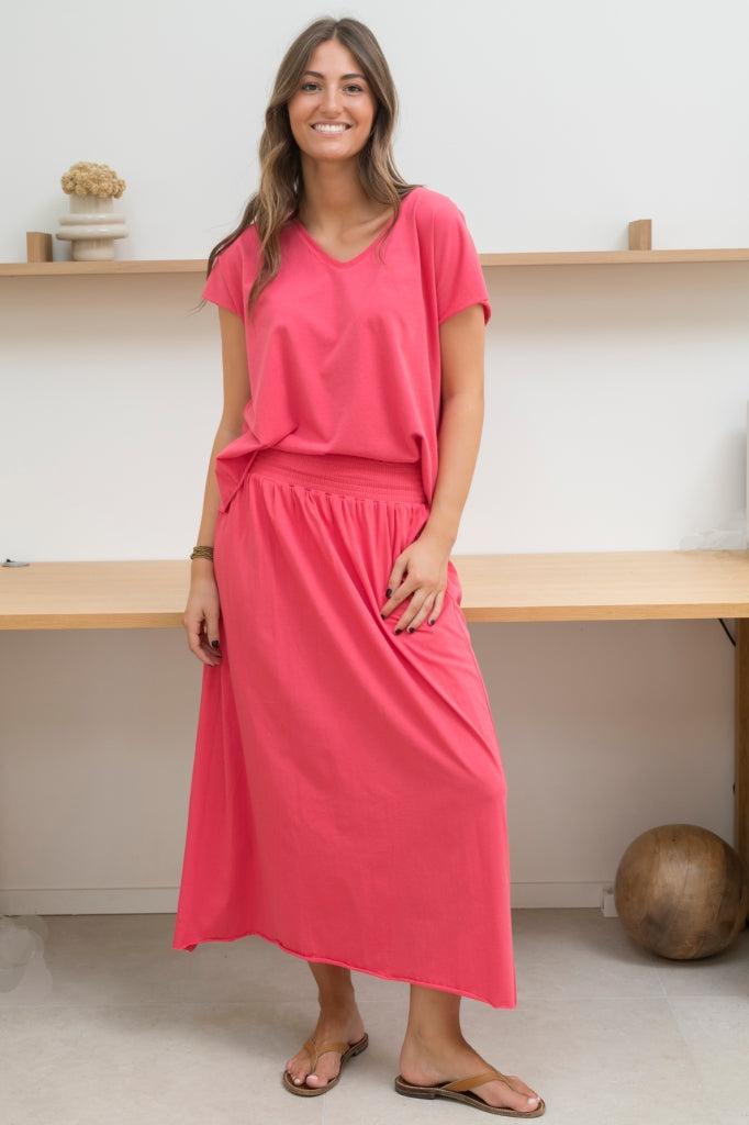 Jupe longue femme fluide smock à la taille jupon smocké jersey de coton bio GOTS éco-responsable robe bustier robe de plage rouge rose