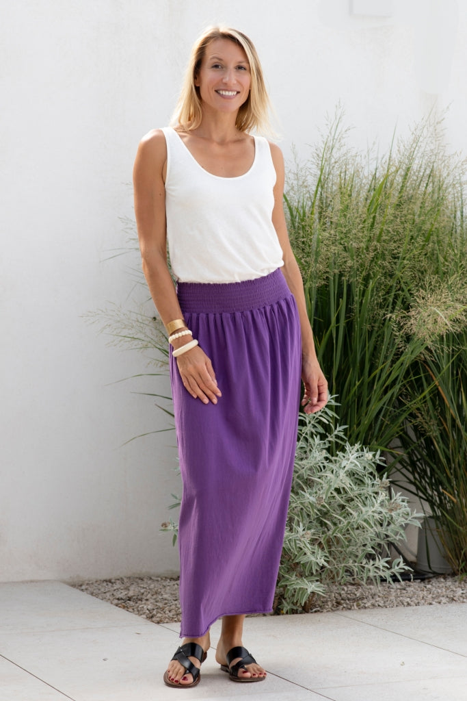 Jupe longue femme fluide smock à la taille jupon smocké jersey de coton bio GOTS éco-responsable robe bustier robe de plage violette