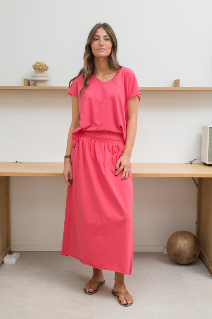 Jupe longue femme fluide smock à la taille jupon smocké jersey de coton bio GOTS éco-responsable robe bustier robe de plage rouge rose