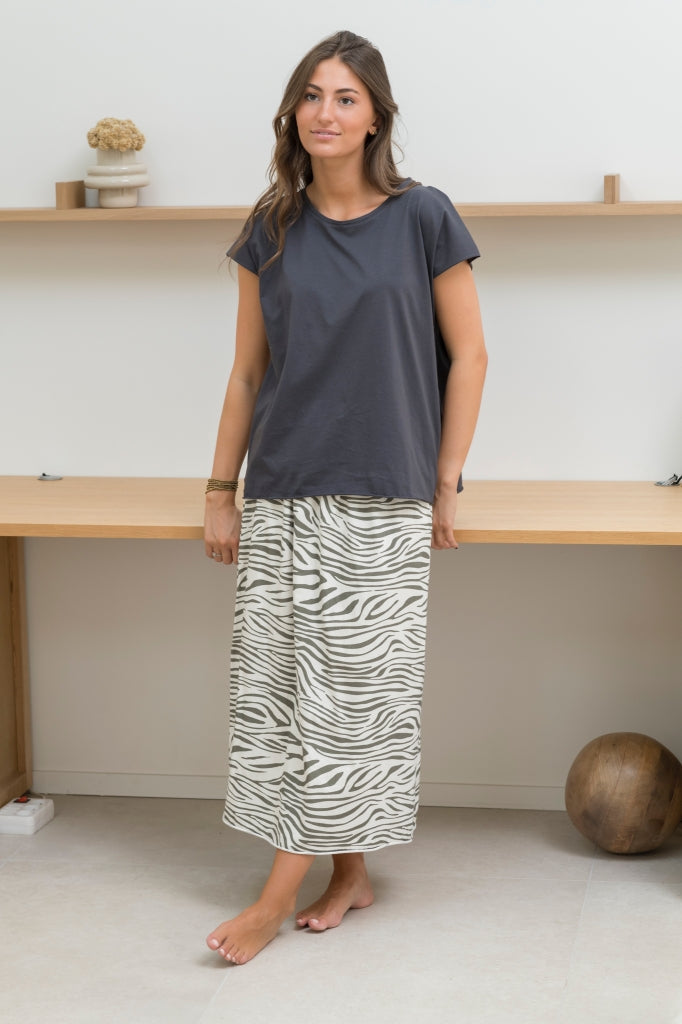 Jupe longue femme fluide smock à la taille jupon smocké jersey de coton bio GOTS éco-responsable imprimé zèbre