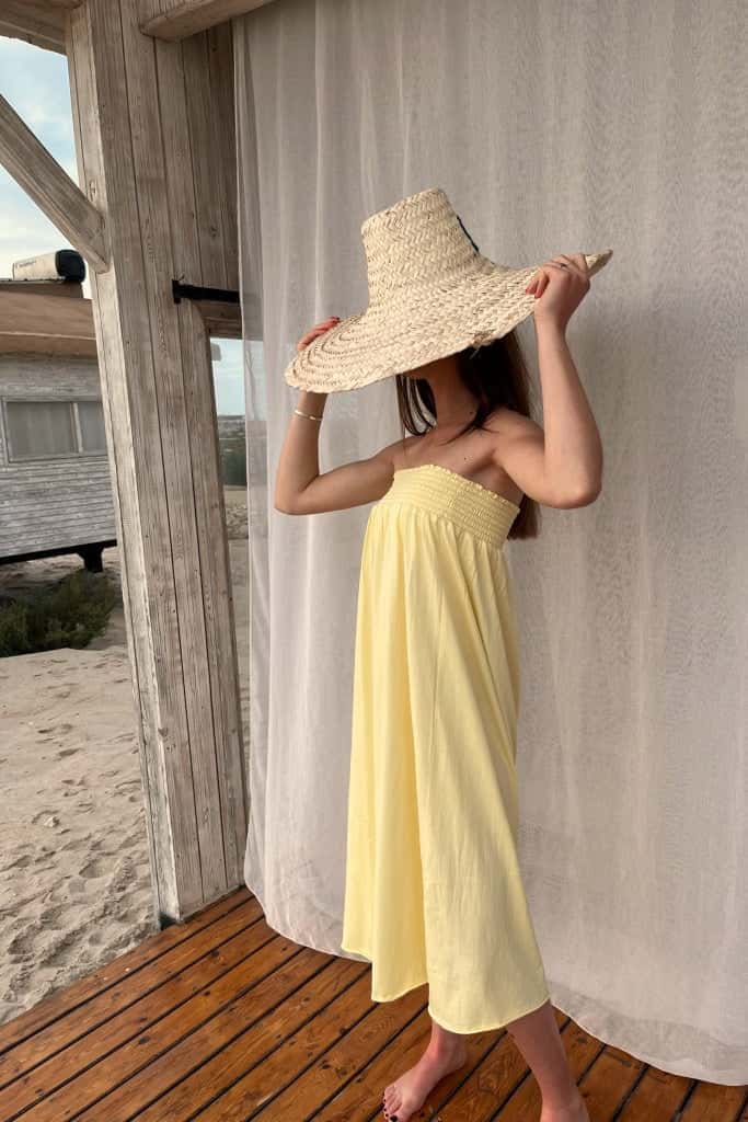 Jupe longue femme fluide smock à la taille jupon smocké jersey de coton bio GOTS éco-responsable robe bustier robe de plage jaune, jaune clair, jaune d’or