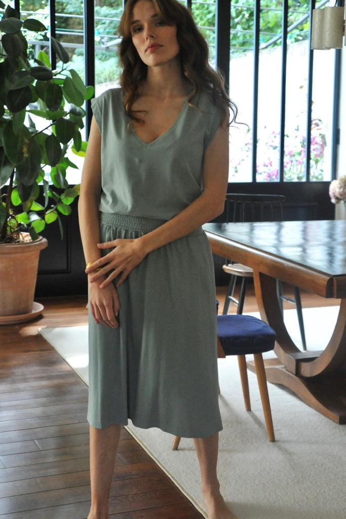 Jupe mi-longue en coton bio SUNY MIDI PLUMETIS vert sauge