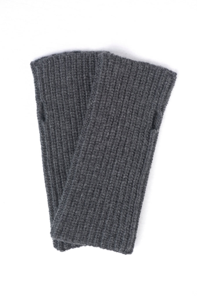 Mitaines Huguette en laine anthracite – tricot côtelé, coupe droite avec ouverture pouce