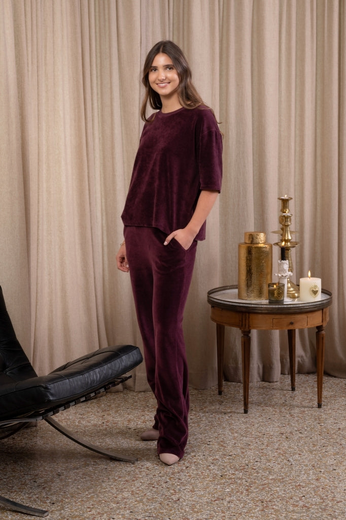 Pantalon JULIETTE bordeaux en velours bio GOTS femme coupe droite large Suny