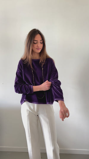 pull femme court et oversize manche longue col rond velours bio confortable violet