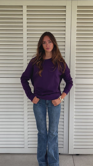 Sweat basique pour femme oversize col rond évasé manche longue manche tombante coton upcyclé molleton violet