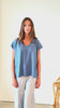 Tee-shirt ROCKY V Suny Paradis bleu en coton bio certifié GOTS, col V, coupe loose, bords francs roulottés, jersey 160 g/m²