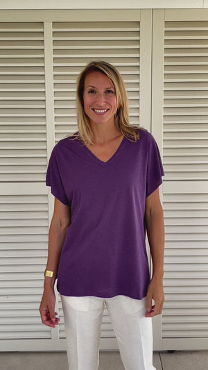 Tee shirt long femme lin et coton upcyclé manche courte forme oversize col V gris violet