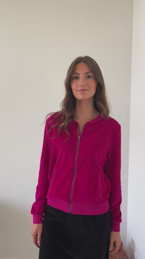 blouson Zippy Suny en velours lisse rose fuchsia – coupe droite et zip canon de fusil – Suny