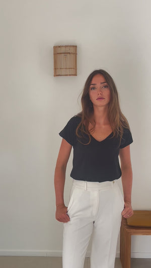 Tee shirt femme manche raglante courte, en coton bio GOTS éco responsable col V noir, charbon, noir intense