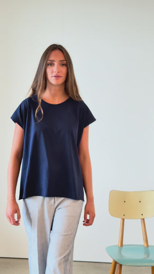 Tee-shirt ROCKY Suny marine foncé – coton bio GOTS, coupe loose, col rond, coupé bord franc