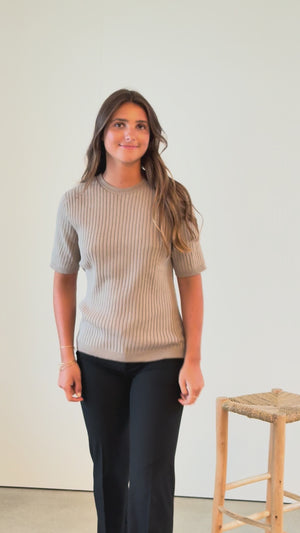 Pull Ines taupe Suny en maille côtelée coton