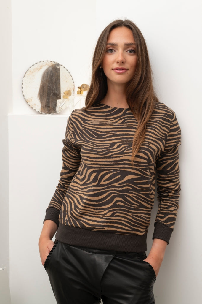 Cosy suny sweat shirt à rayures imprimé zèbre pull femme coton bio bronze terre