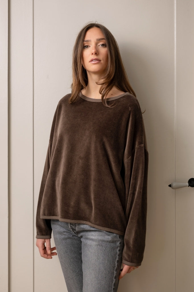 Pull ELSA café en velours bio GOTS femme col rond oversize Suny