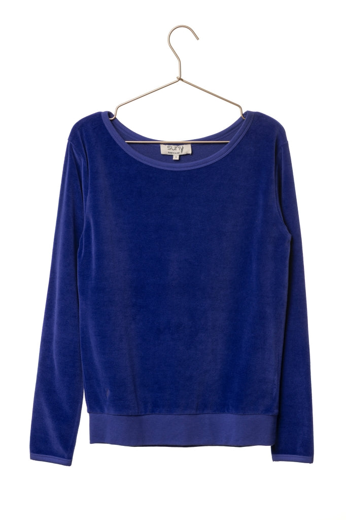 Pull Georgia en velours bio bleu outremer – col danseuse et coupe droite féminine