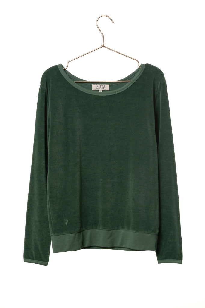 Pull Georgia vert d’hiver en velours de coton bio GOTS, col évasé et coupe droite, – élégant et doux