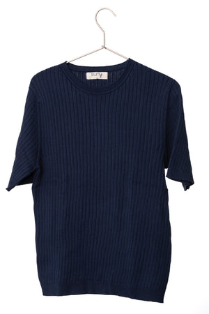 Pull femme Ines marine foncé en coton, maille côtelée, coupe droite manches courtes