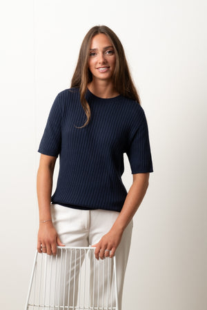 Pull Ines marine foncé Suny en maille côtelée coton