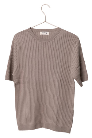 Pull femme Ines taupe en coton, coupe droite manches courtes