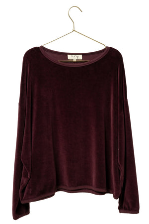 Pull ELSA bordeaux en velours bio GOTS femme col rond oversize porté Suny