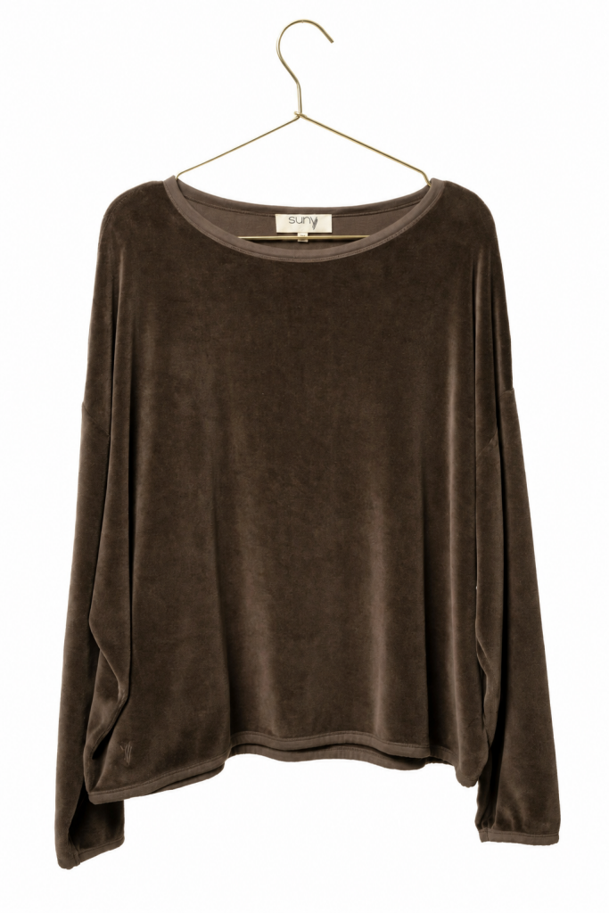 Pull ELSA café en velours bio GOTS femme col rond oversize Suny