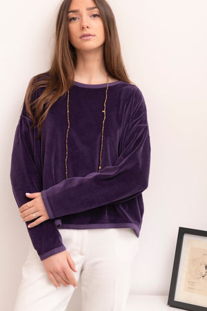 pull femme court et oversize manche longue col rond velours bio confortable violet