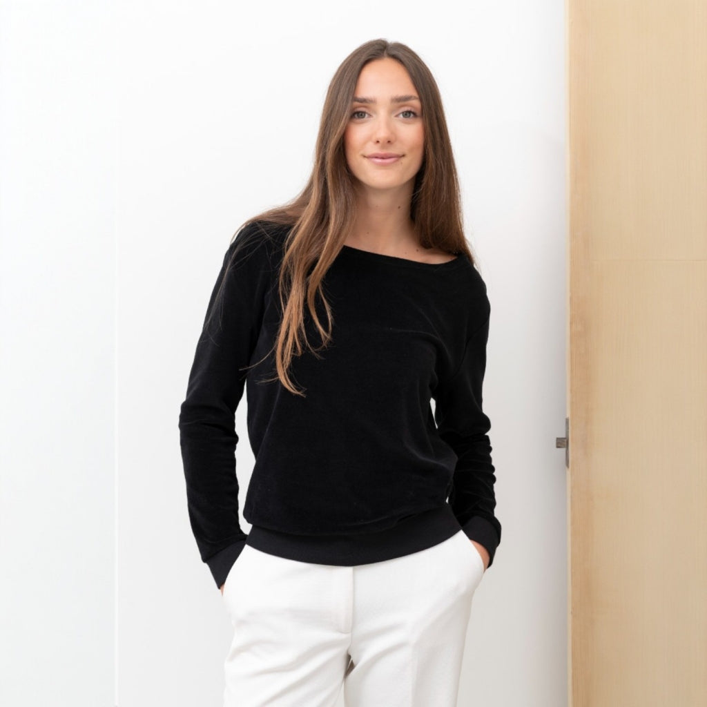 pull féminin col évasé en velours bio noir suny
