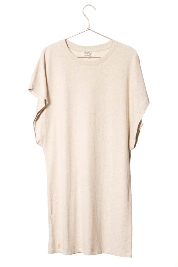 robe genou manche à ailette lin et  coton upcyclé écru chiné