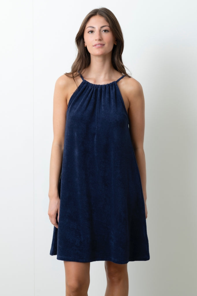 Robe Imelda marine foncé Suny en éponge bouclette coton bio certifié GOTS, robe courte estivale