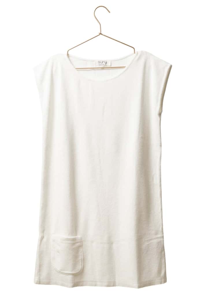 robe courte plage éponge bouclette bio manche courte col évasé blanche écrue crème fouettée