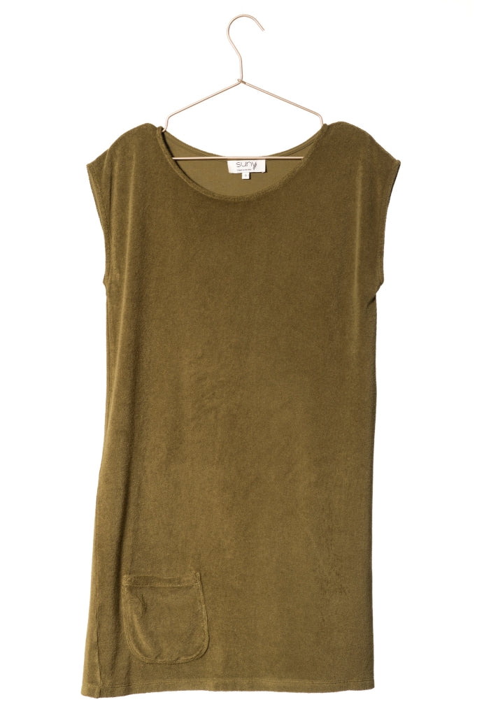 robe courte plage éponge bouclette bio manche courte col évasé kaki vert