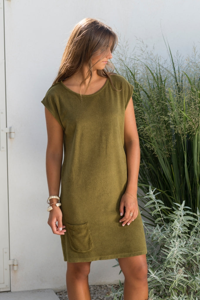 robe courte plage éponge bouclette bio manche courte col évasé kaki vert