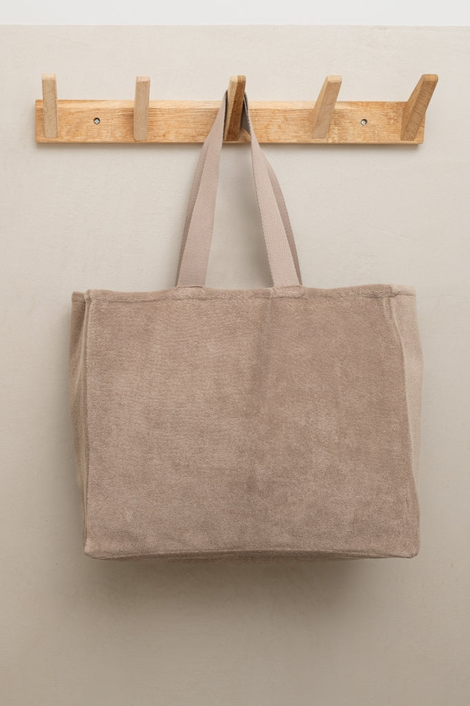 Sac cabas Gaële taupe Suny en éponge bouclette coton bio certifié GOTS, grand cabas femme
