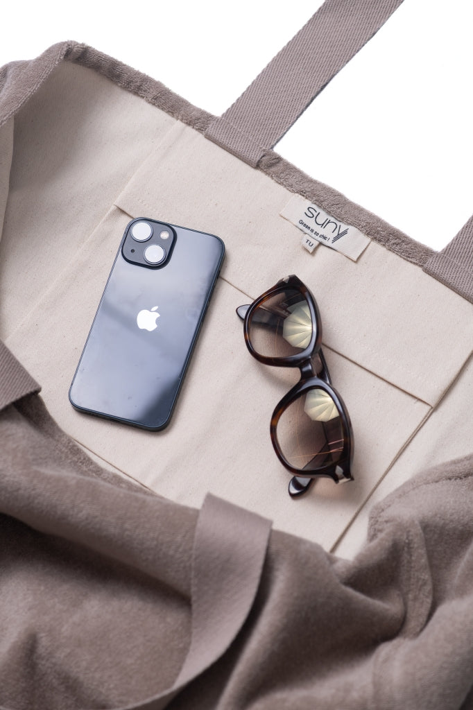 Sac cabas Gaële taupe Suny en éponge bouclette coton bio certifié GOTS, grand cabas femme