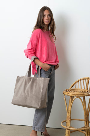 Sac de plage femme Gaële taupe Suny, anses longues, grand format 45x32x18 cm, coton bio GOTS