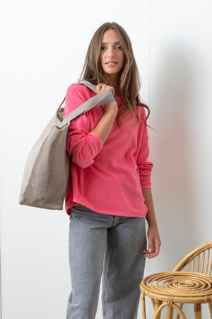 Sac de plage femme Gaële taupe Suny, anses longues, grand format 45x32x18 cm, coton bio GOTS