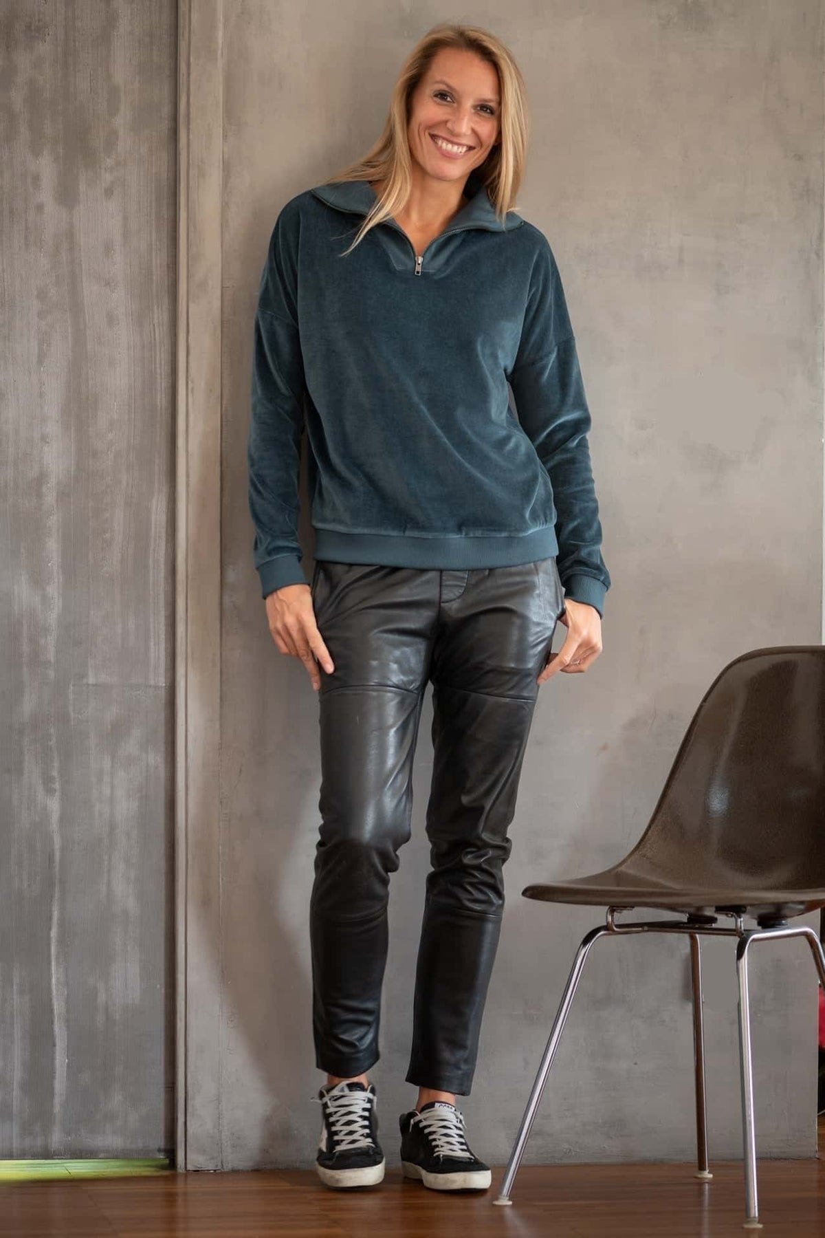 Suny pull camionneur col zippé montant femme velours lisse biologique GOTS vert canard