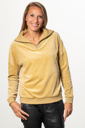 Suny pull camionneur col zippé montant femme velours lisse biologique GOTS bronze terre