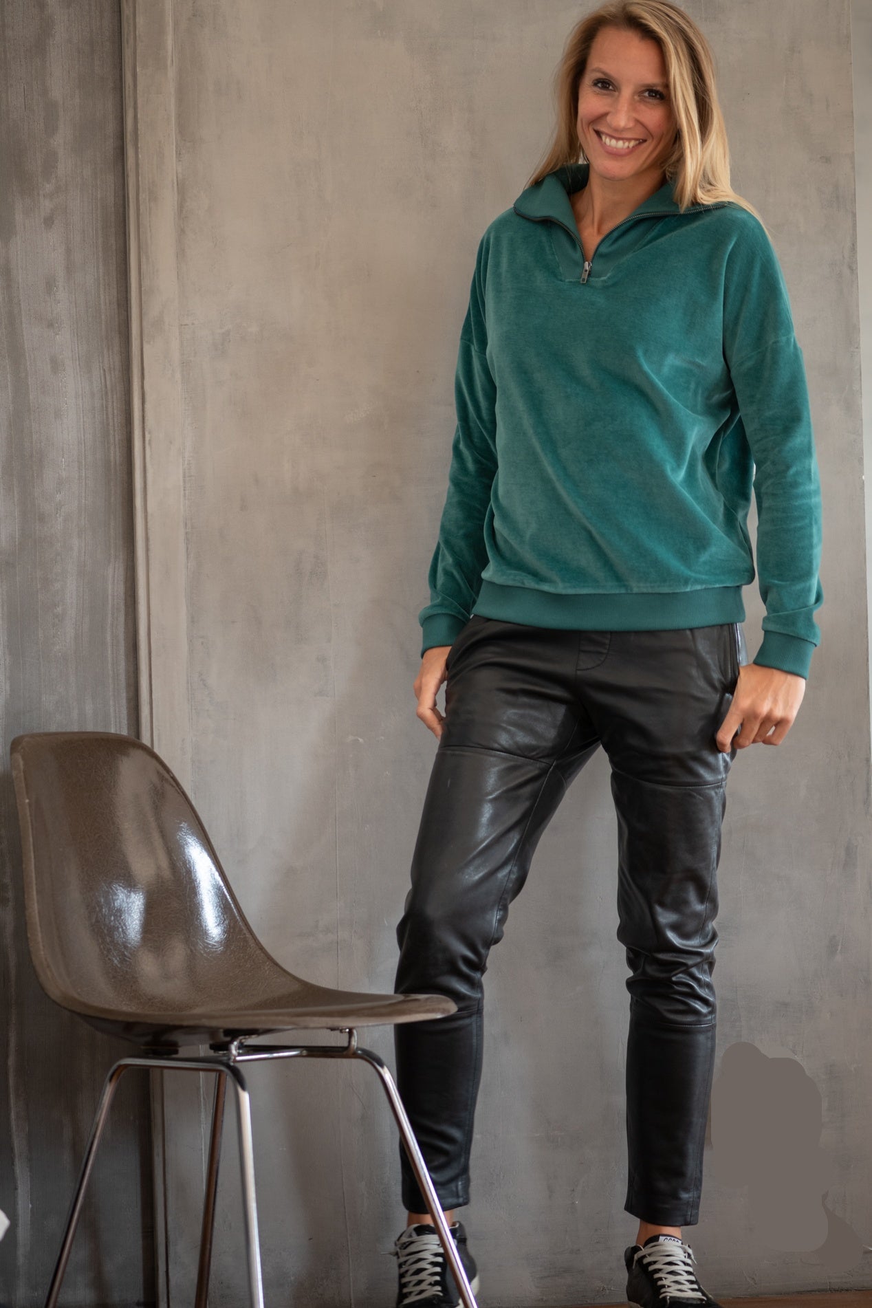 Suny pull camionneur col zippé montant femme velours lisse biologique GOTS vert pin