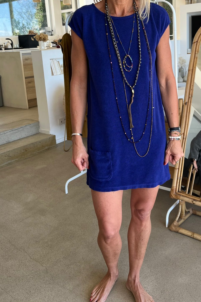 robe courte plage éponge bouclette bio manche courte col évasé bleu outremer bleu vif bleu majorelle