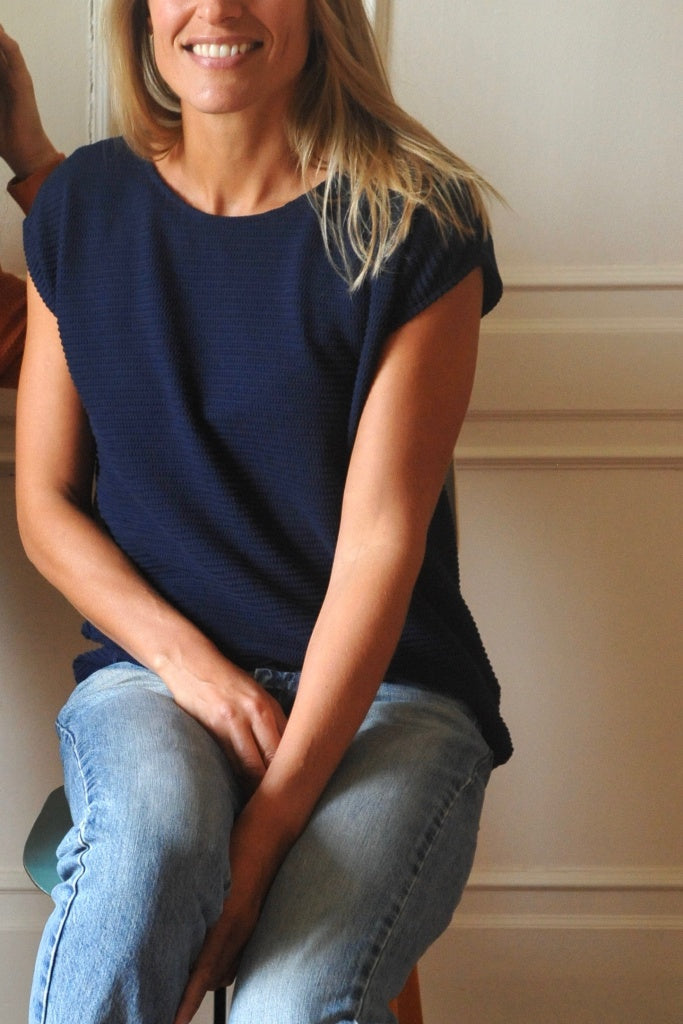 T shirt femme manche courte coupe droite uni coton bio GOTS eco responsable col rond évasé bleu marine, bleu foncé