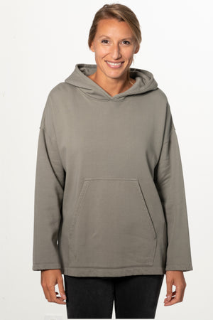 Sweat capuche femme coton bio certifié GOTS hoodie en molleton bio oversize vareuse gris kaki, gris, kaki, vert doux, gris vert