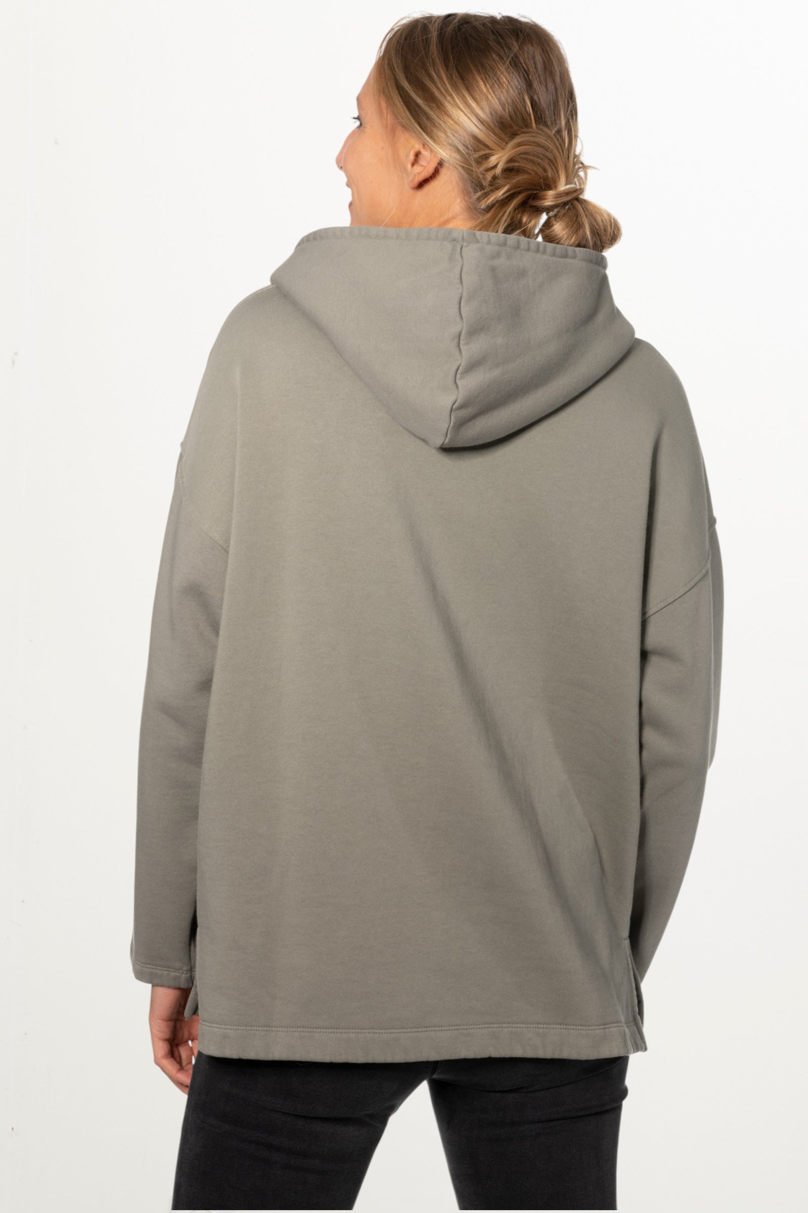 Sweat capuche femme coton bio certifié GOTS hoodie en molleton bio oversize vareuse gris kaki, gris, kaki, vert doux, gris vert
