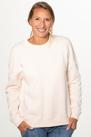 Sweat basique pour femme col rond manche longue manche tombante coton biologique certifié GOTS molleton rose poudre, rose pâle, blanc rosé, écru, rose clair
