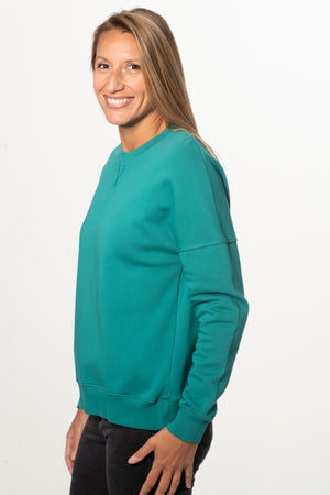 Sweat basique pour femme col rond manche longue manche tombante coton biologique certifié GOTS molleton vert émeraude, vert intense, vert lumineux, vert canard