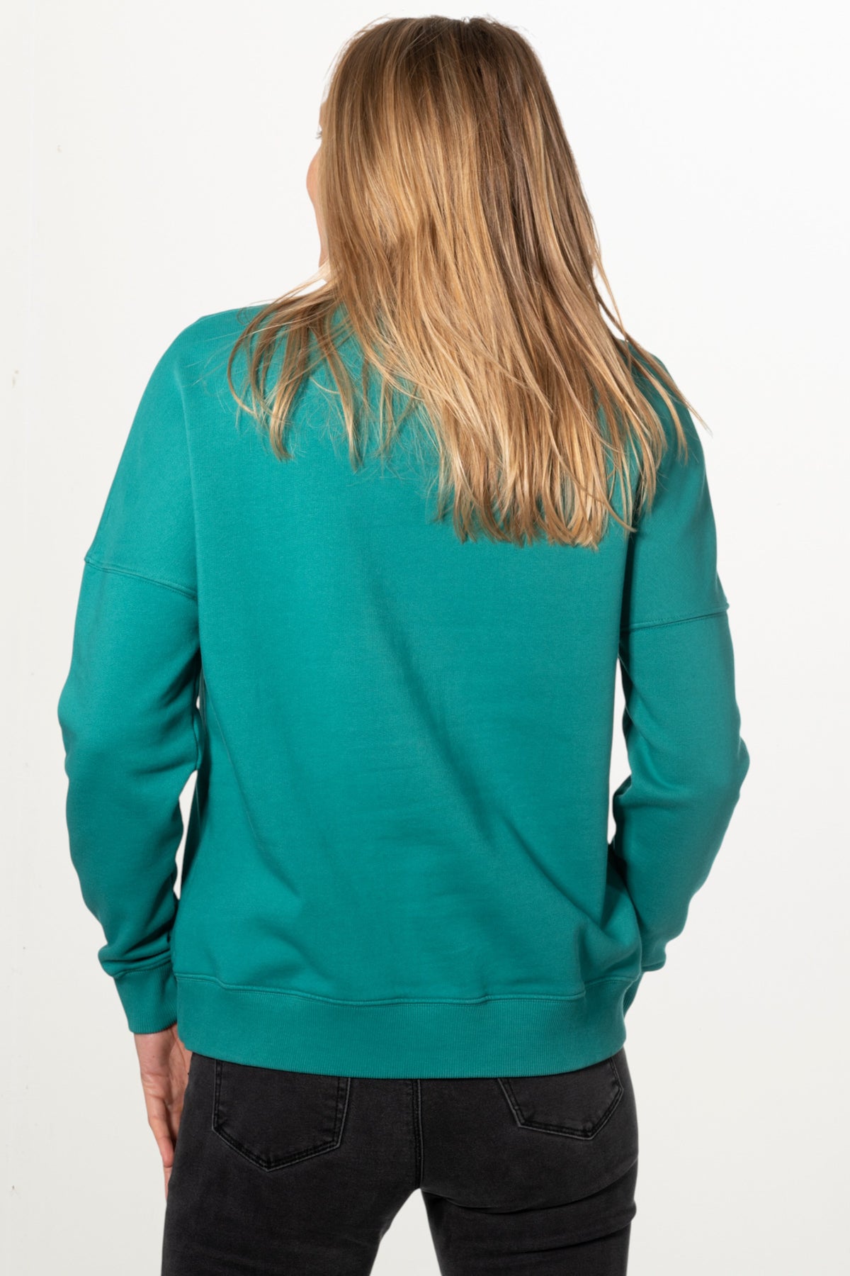 Sweat basique pour femme col rond manche longue manche tombante coton biologique certifié GOTS molleton vert émeraude, vert intense, vert lumineux, vert canard