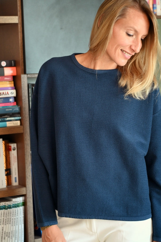pull femme oversize à chevron manche longue col rond coton bio confortable bleu marine