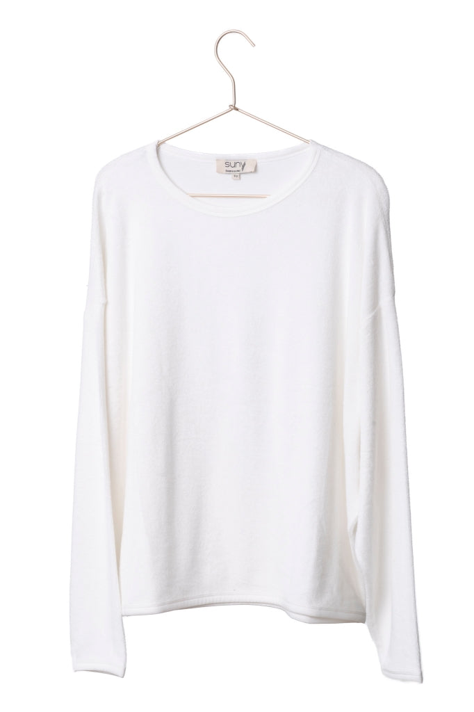 Pull Elsa blanc laitage Suny en éponge bouclette coton bio GOTS, coupe oversize